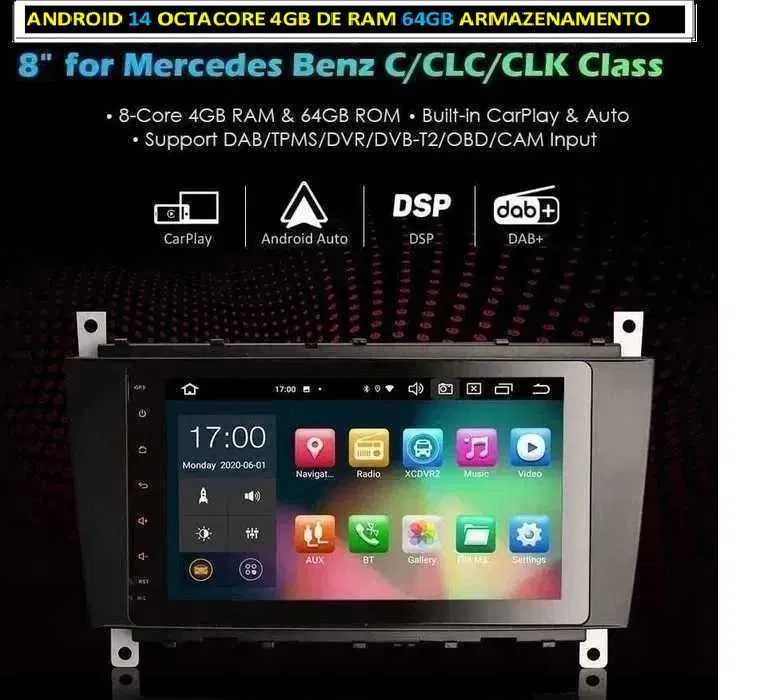 Auto-rádio 2 din android 14 64GB para Mercedes c220 w203 ano 2004