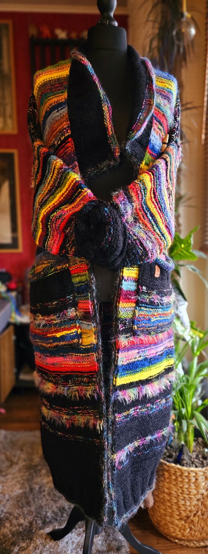 Długi kardigan płaszcz sweter rękodzieło handmade