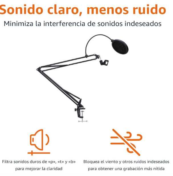 Suporte de microfone com braço e filtro pop, preto, c/ NOVO