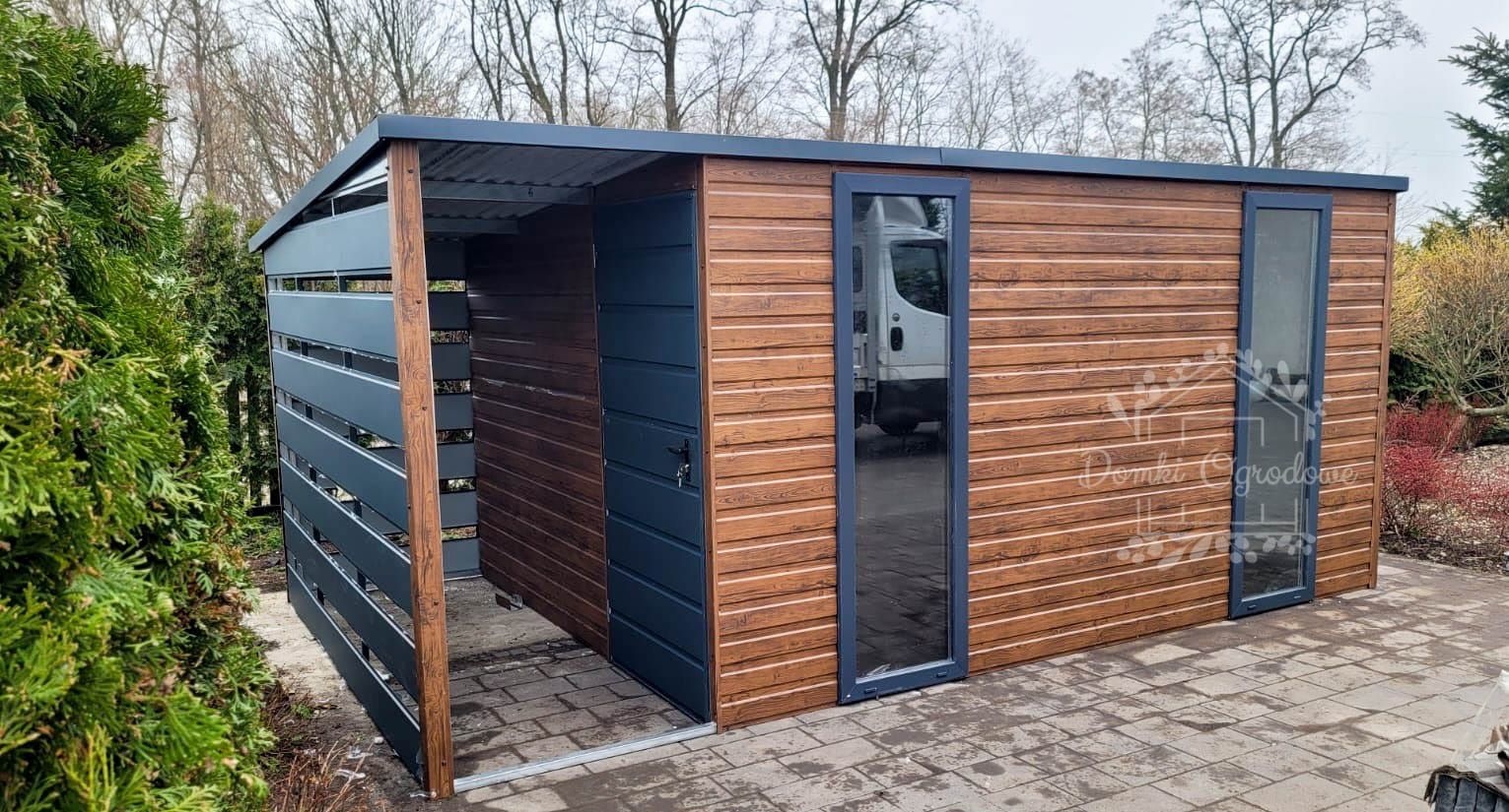SCHOWEK DOMEK OGRODOWY 4,5x2,5 m wiata 1,5x2,5 spad tył  antracytID535