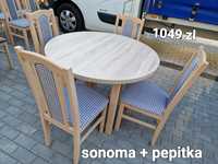 Nowe: Stół okrągły + 4 krzesła, sonoma + pepitka , transport cała PL