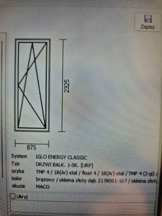Okno balkonowe PCV złoty dąb 875x2325