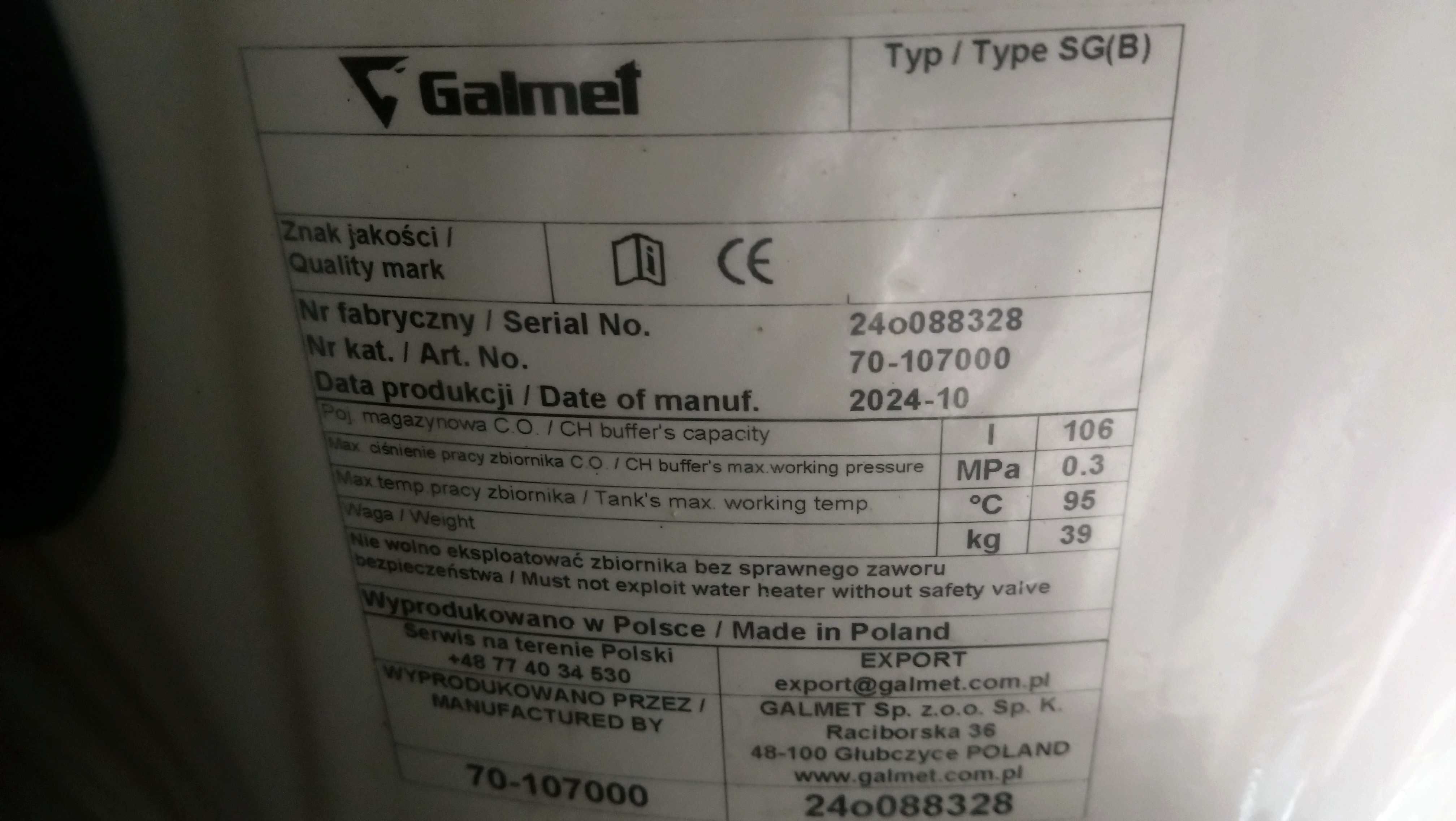 GALMET Bufor do pomp ciepła do CO 100L wiszący