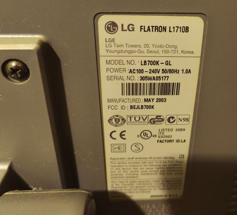 Monitor do komputera LG FLATRON L1710b.