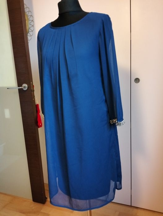 Kobaltowa elegancka szyfonowa sukienka rozmiar 40