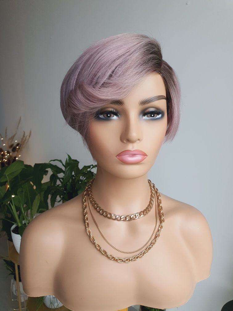 Peruka z włosów naturalnych blond szary fiolet pastelowy róż Felicja