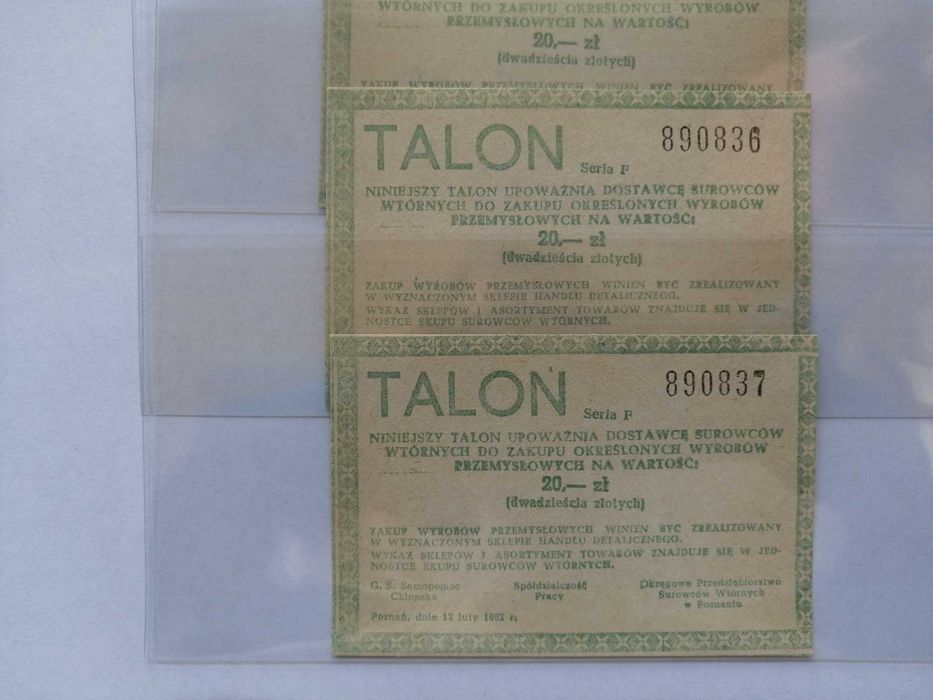 Talon PRL 10zł, 20 zł Pamiątki PRL-u