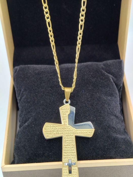 Aisadi łańcuszek złoty męski stal szlachetna z krzyżem. Stylowy