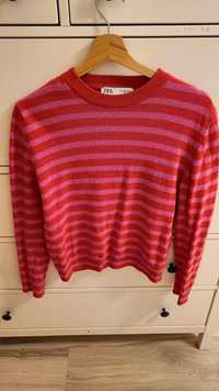 Sweter Zara paski różowo czerwone S wełna