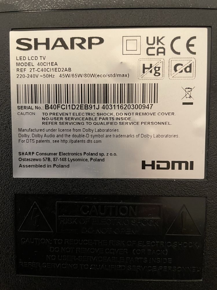 Sprzedam telewizor sharp 40”