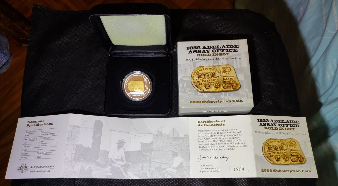 Серебряная монета золотой слиток 1 доллар 2009 Австралия 31,1 грам 999