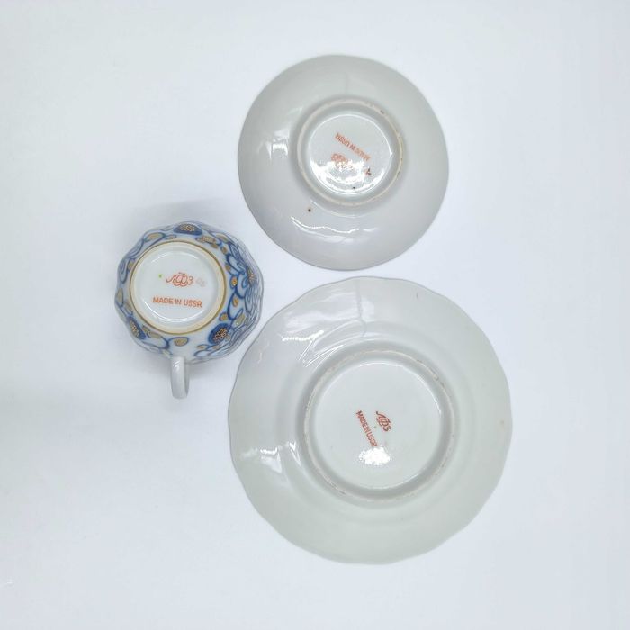 Łomonosow Trio Filiżanka Podstawek Spodek Talerzyk Porcelana Kobalt