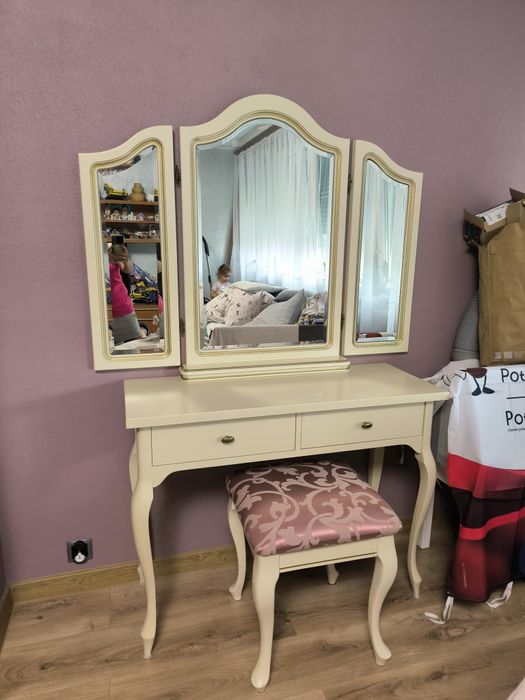 Toaletka kosmetyczna z lustrem i taboretem naturalne lite drewno