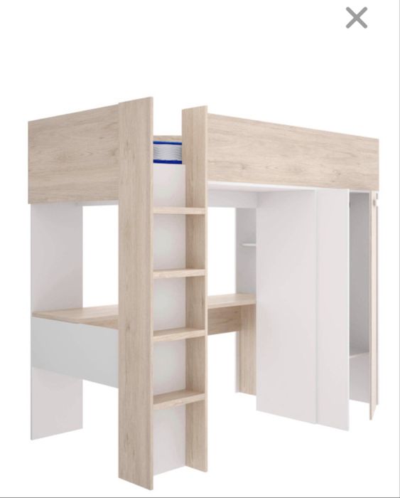 Cama alta com vestuário e secretária embutidos