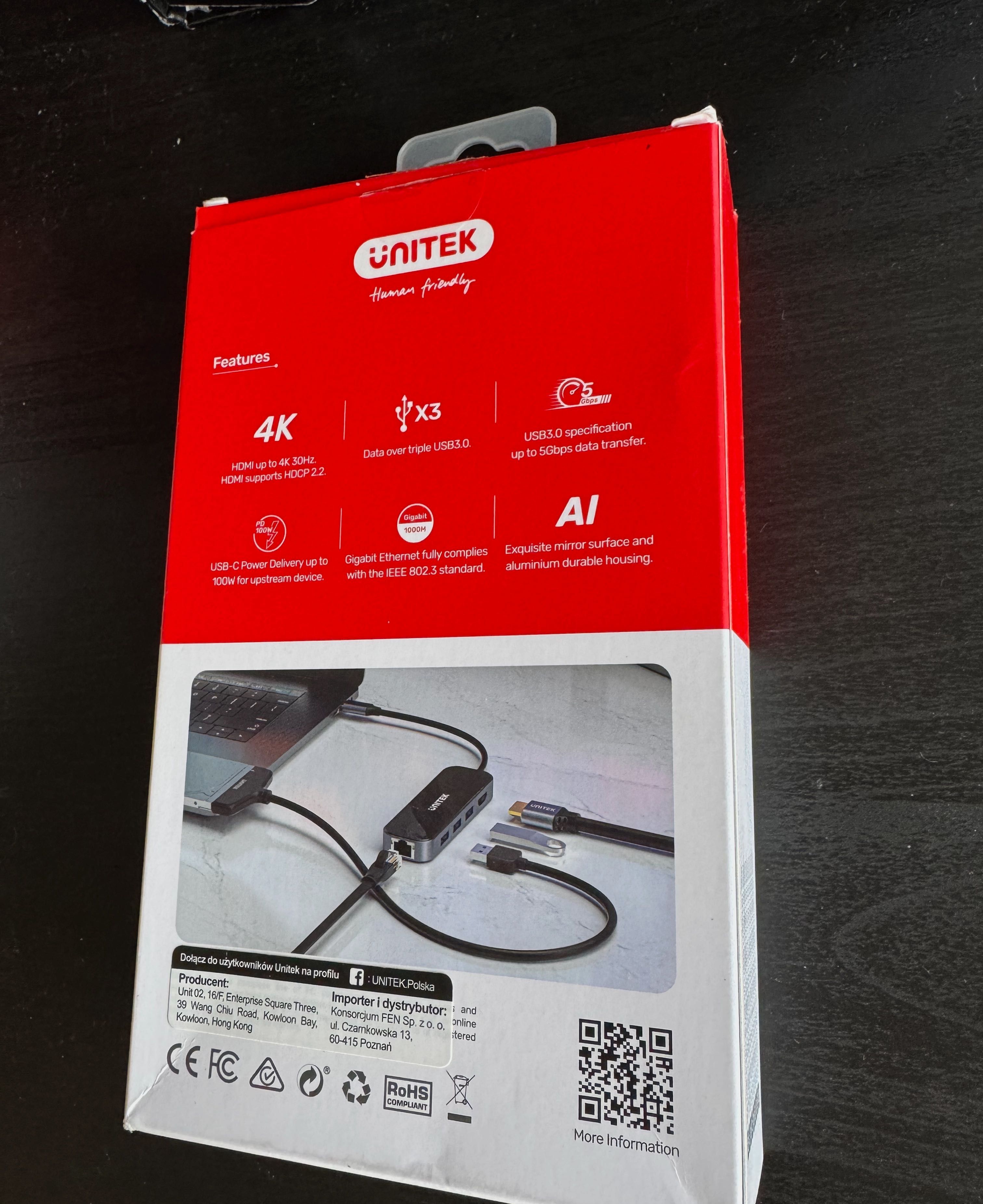 Hub Unitek H6 Gloss PD100W USB-C->3xUSB-A 3.0/HDMI 4K ULTRA HD/RJ45