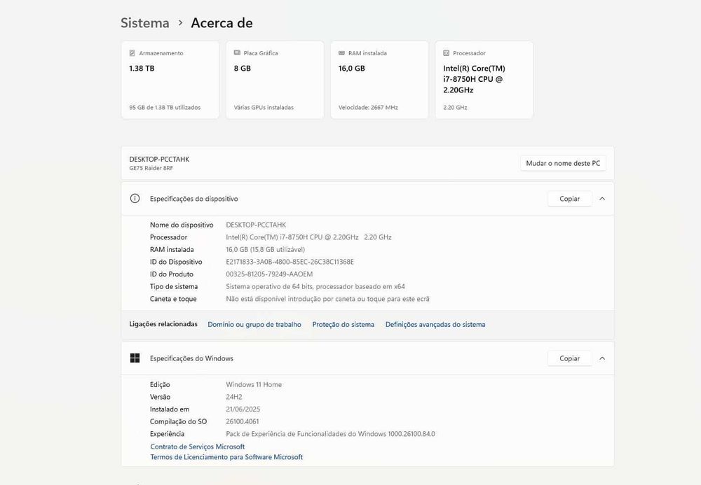 Portátil MSI GE75 Raider 8RF – i7 / 16GB / 8GB GPU / 1.3TB