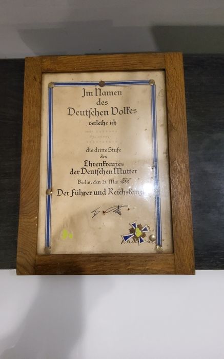 Krzyż Matki Niemieckiej + oryginalny dokument z 1939 r.