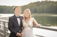 Suknia ślubna r. S, koronka w kształcie listków + welon i bolerko