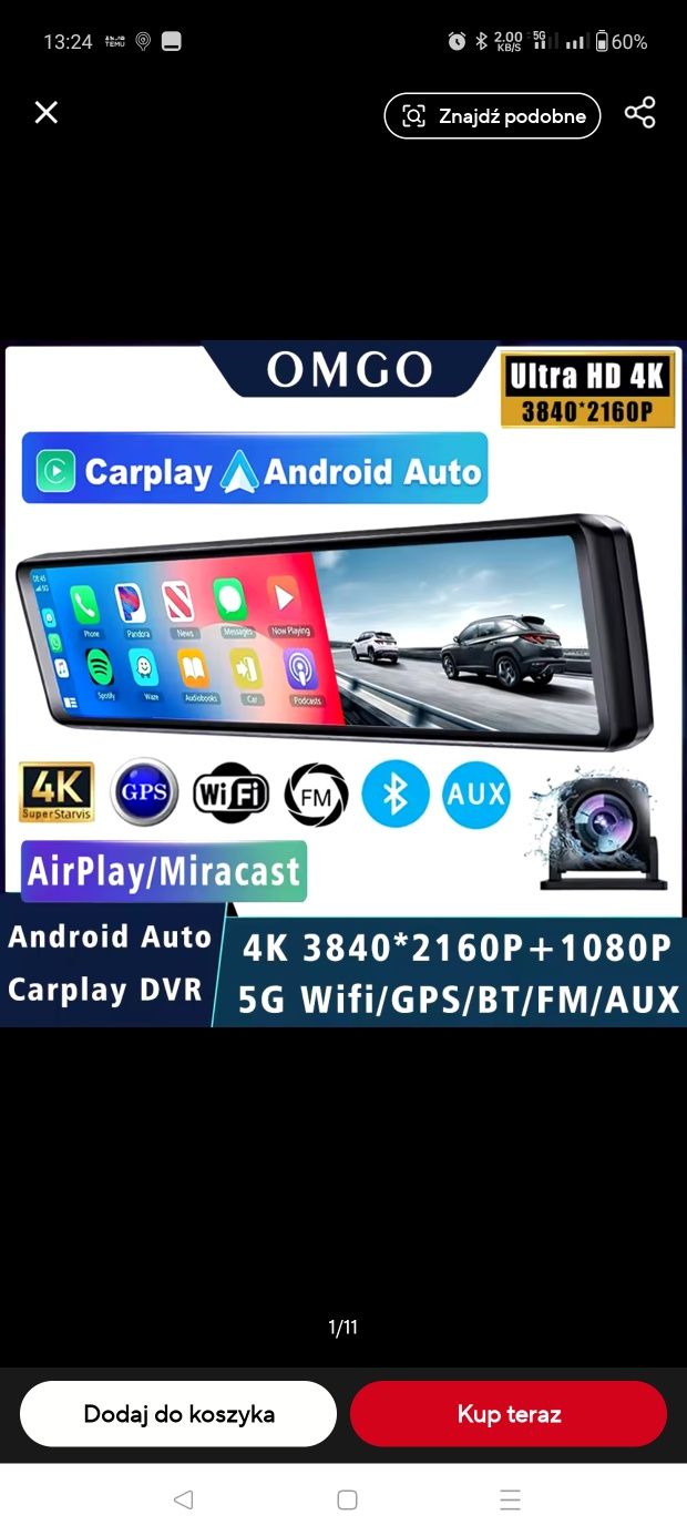 Rejestrator samochodowy w lusterku 4K nowy plus  kamera  na tył.