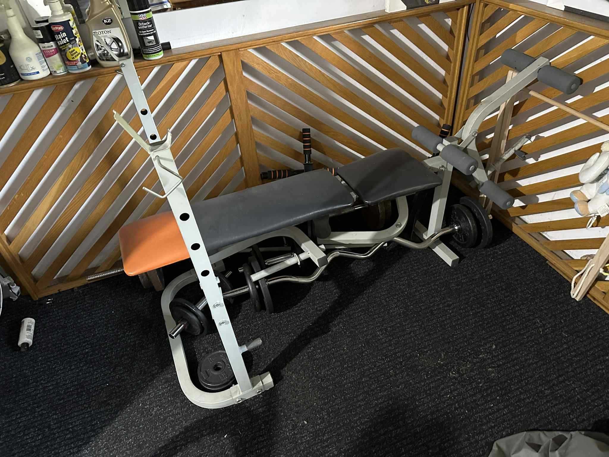 zestaw do ćwiczeń ławeczka ławka prosta + hantle + dwie sztangi