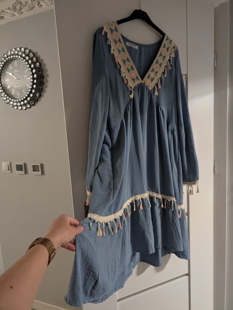 SUKIENKA oversize ciążowa BOHO niebieska NOWA