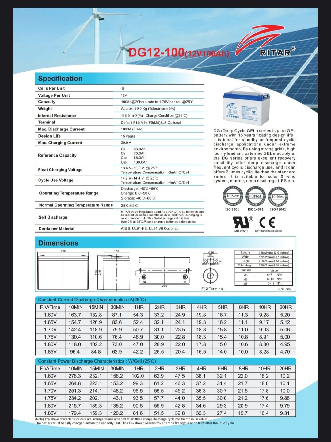 Акумуляторна батарея GEL Ritar DG12-100 12 V 100Ah