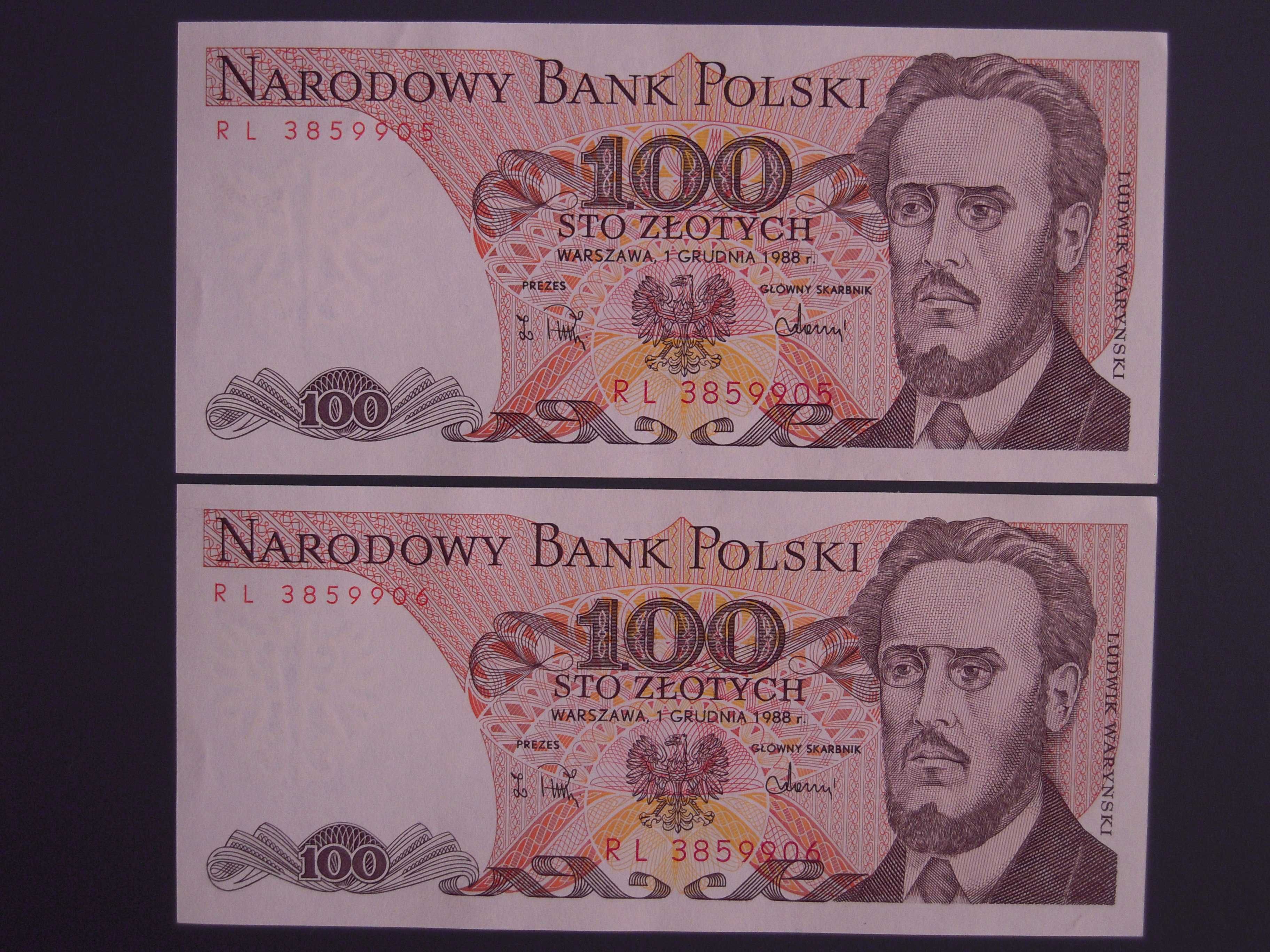 Banknoty PRL 100 zł - Ludwik Waryński - seria RL z 1 grudnia 1988 r.