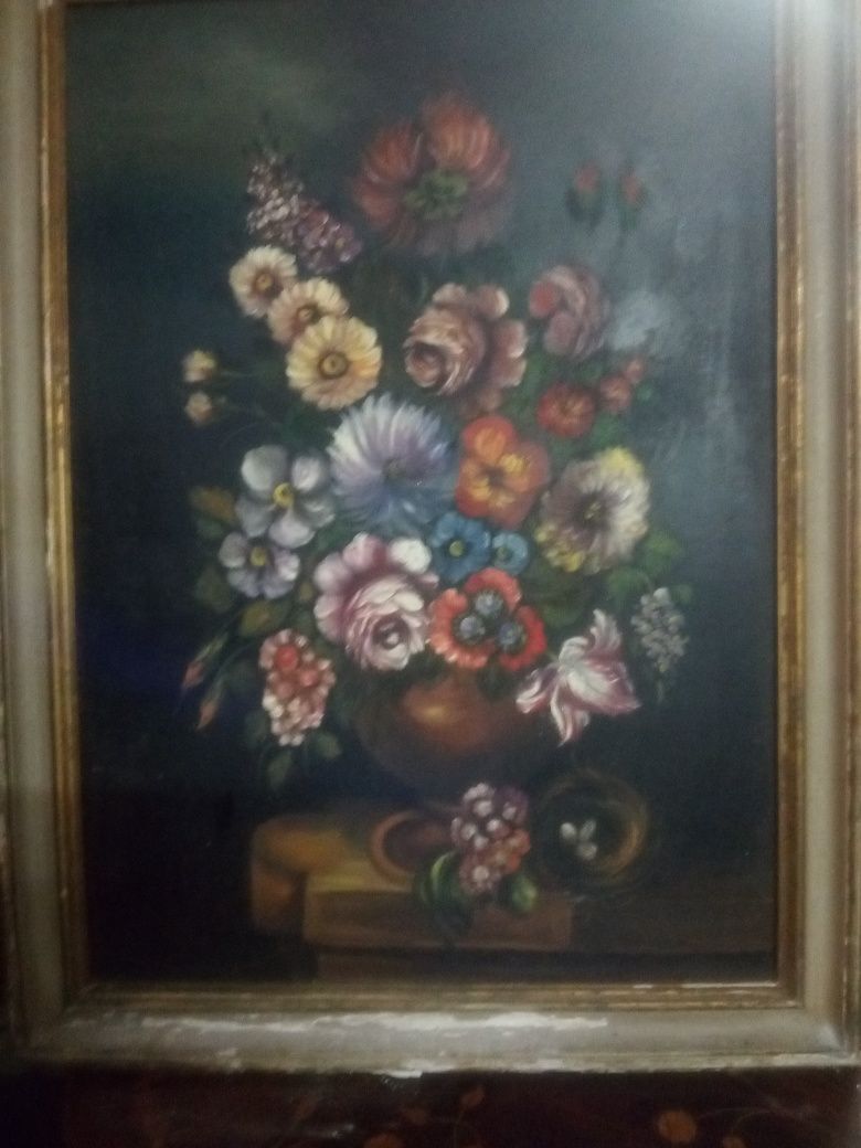 Natureza morta-vaso com flores-antiga pintura em óleo sobre platex