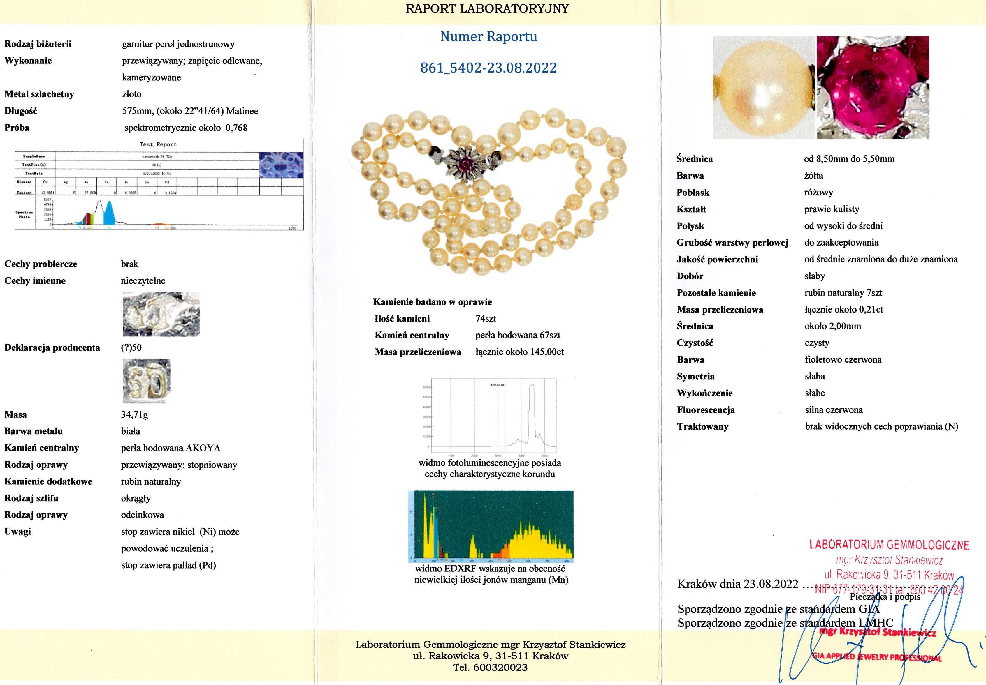 Złoty Naszyjnik - 18K - 34,71g - PERŁY - RUBINY - Kraków