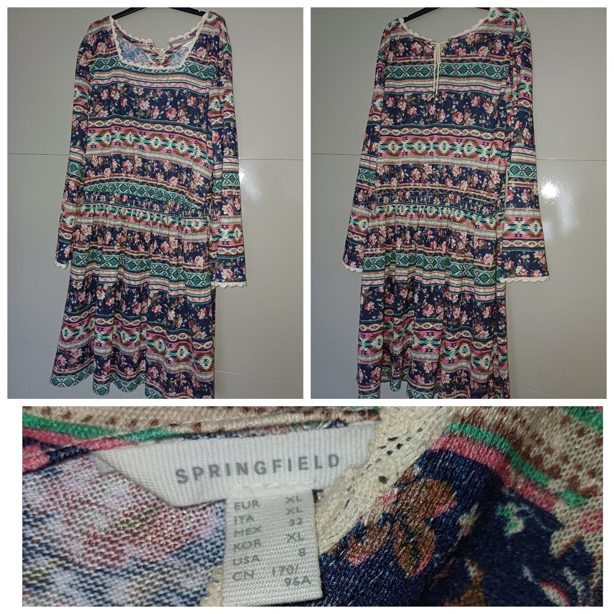 Vestido Springfield estampado com flores, manga comprida, tamanho L/XL