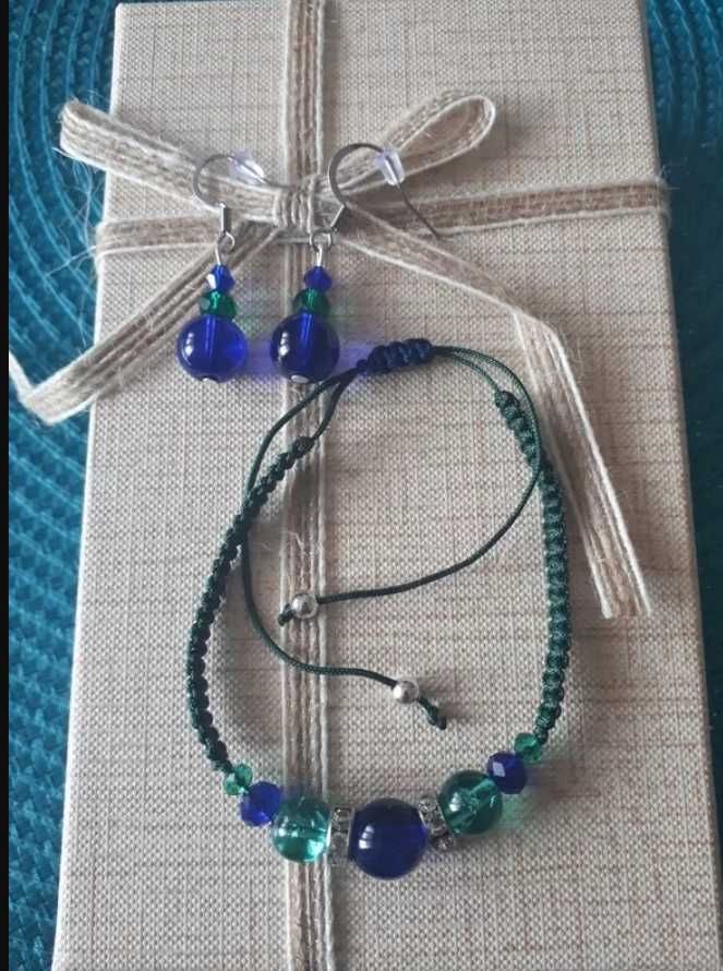 Zestaw bransoletka sznurkowa i kolczyki zielony z niebieskim handmade