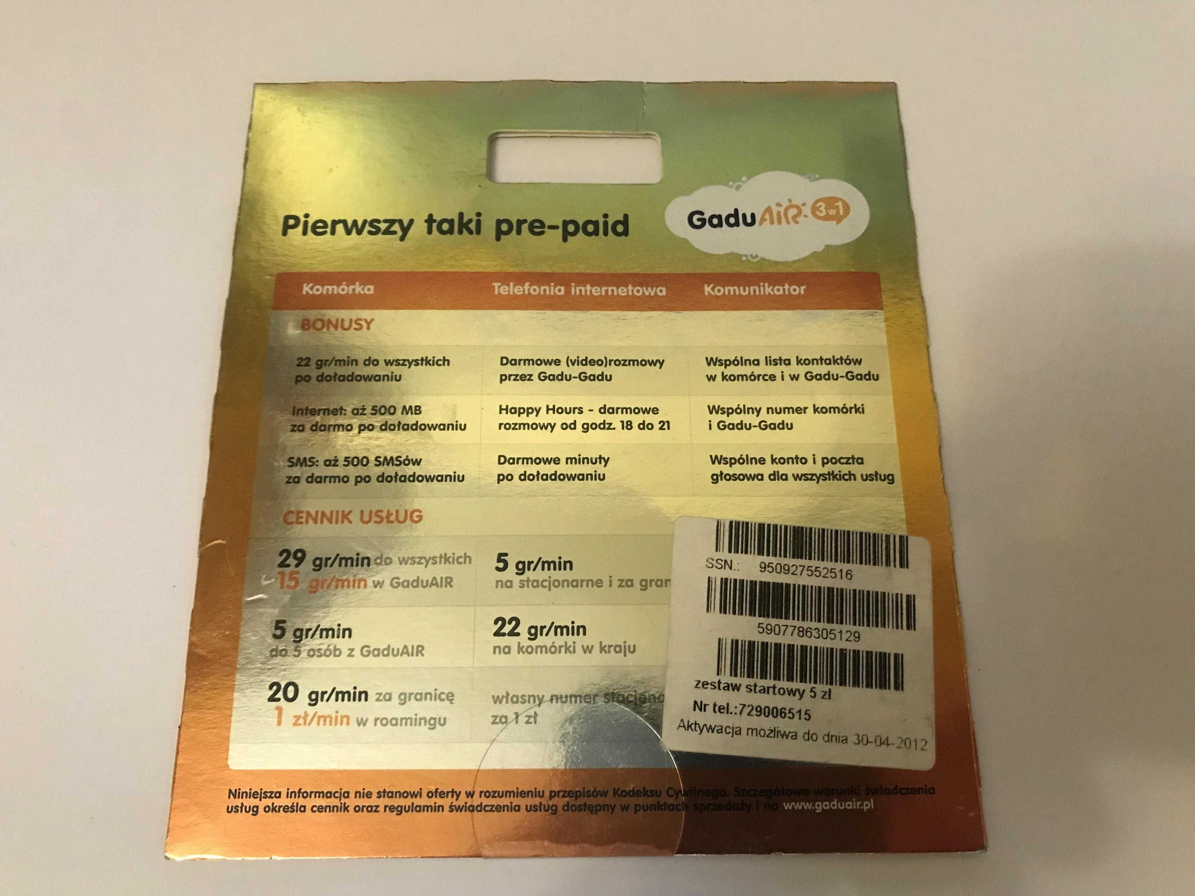 GaduAIR karta sim kolekcjonerska Gadu Gadu starter nowy nie otwierany