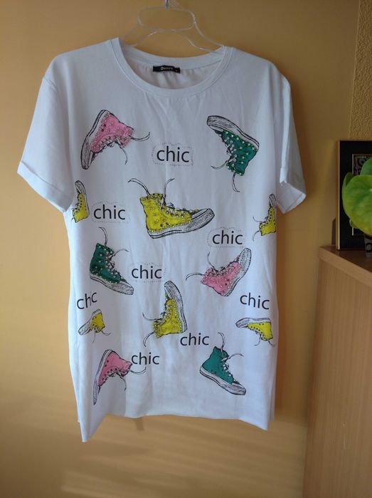 Nowa bluzka S oversize t-shirt biała trampki buty dżety kryształki