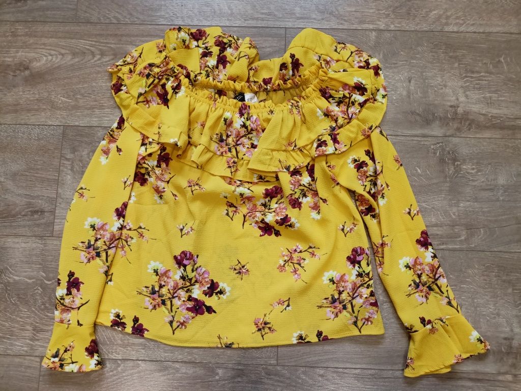 Żółta bluzka w kwiaty z odkrytymi ramionami H&M roz 34