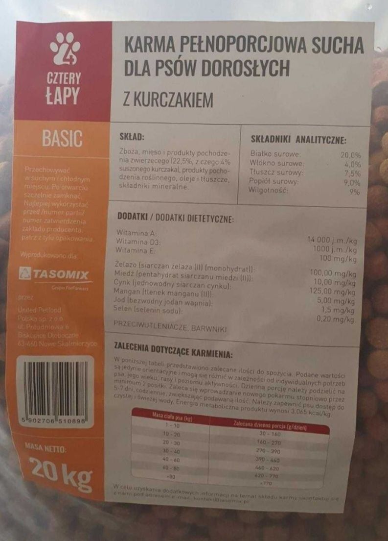 Karma sucha pełnoporcjowa  4Łapy Basic 20kg