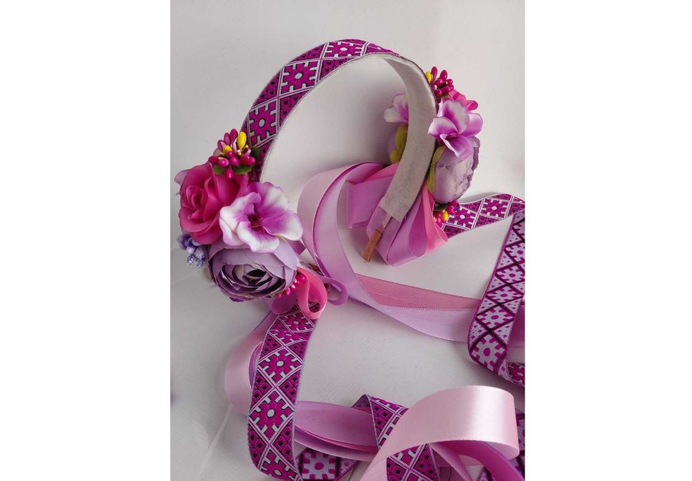 Чільце українське для дівчаток зі стрічками, рожево-фіолетове