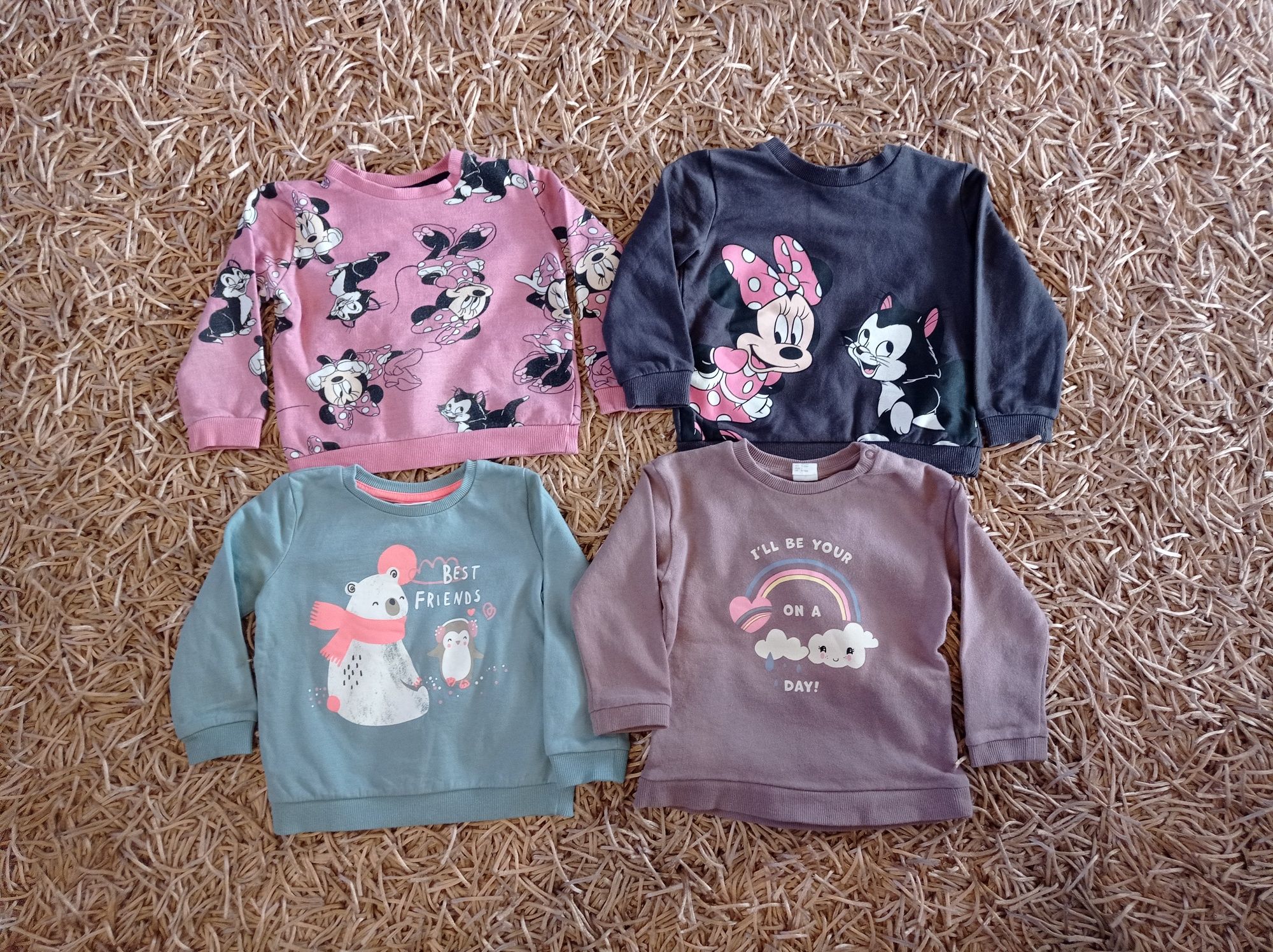 Bluzy, dziewczynka, Myszka Minnie, miś, tęcza, 4 szt., r. 80-86
