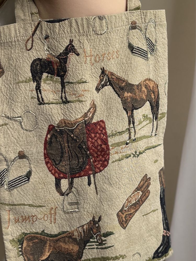 Tkana płócienna torba w konie vintage