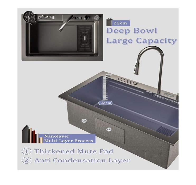 Nowoczesny zlewozmywak kuchenny 80x45cm z wodospadem i wyświetlaczem