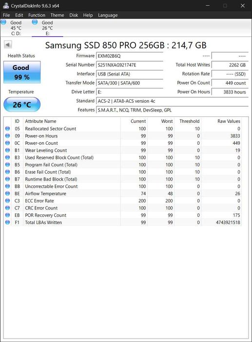 SSD 256Gb SATA 2.5 MLC Samsung 850 PRO MZ-7KE256 99% здоров'я