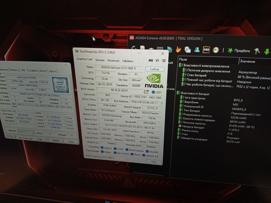 Ноутбук/ігровий/Msi/i7/9750H/16 ram/512 SSD/gtx1660 ti/6 GB/17,3