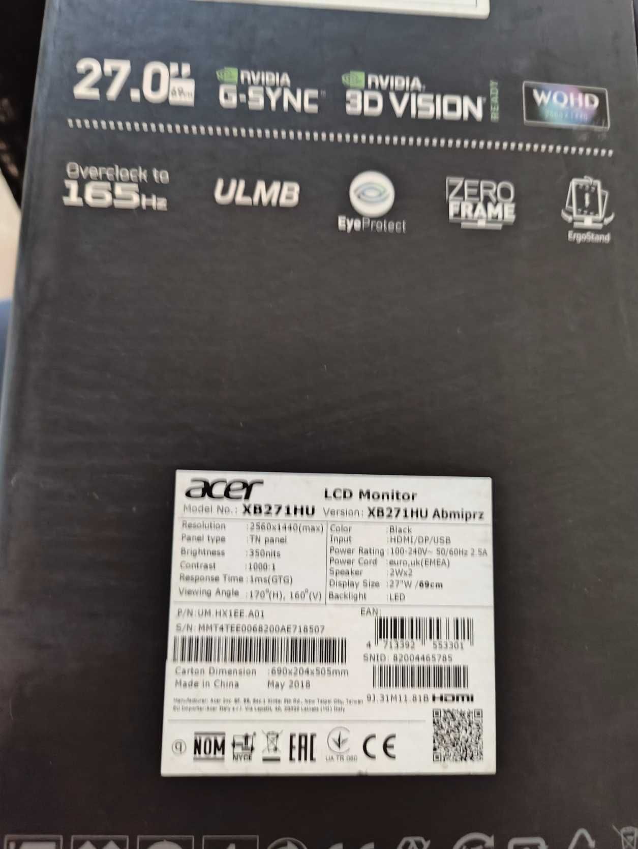 Monitor gaming 27" 165Hz WQHD Acer Predator XB271HUAbmiprz