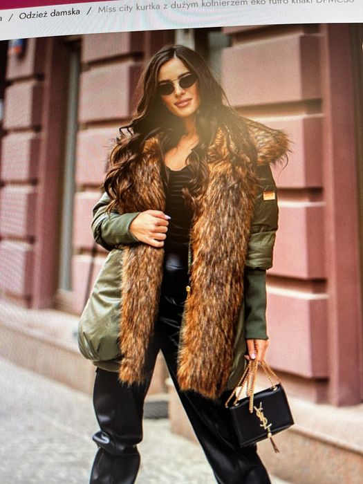 Kurtka khaki Miss City z dużym kołnierzem z eko futra rozmiar M