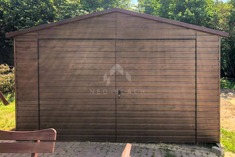 Garaż Blaszany 4X6M Brama - Drewnopodobny - Ciemny Orzech - Nb96