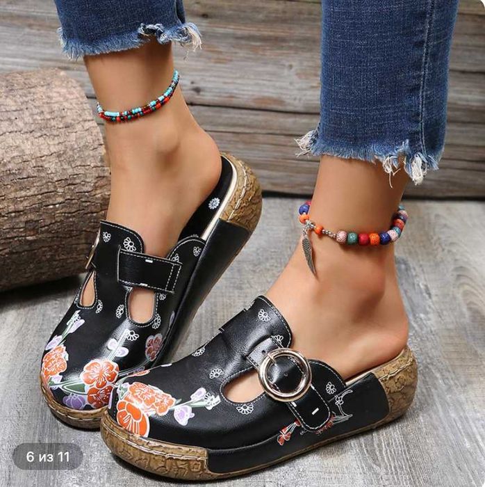 Sabots femininos florais pretos — tamanho 38