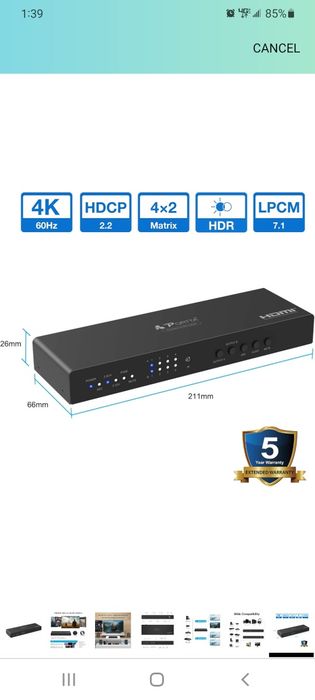 PORTTA HDMI Matrix 4x2, 4 In 2 Out 4K HDMI Matrix Switch Splitter with