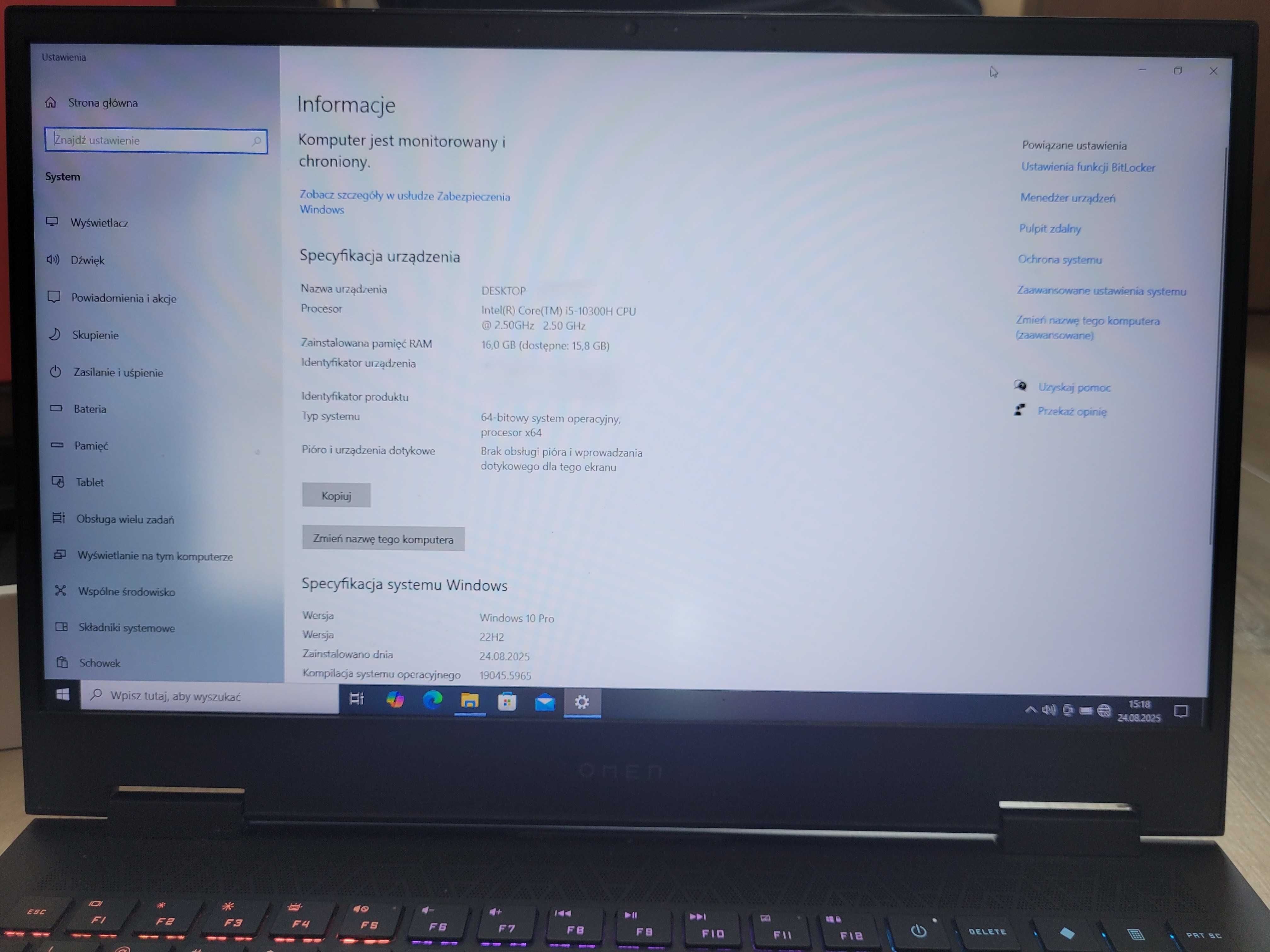 Laptop HP Omen 15,6'', 144Hz, Intel i5-10300H, 16GB RAM, SSD, RTX2060