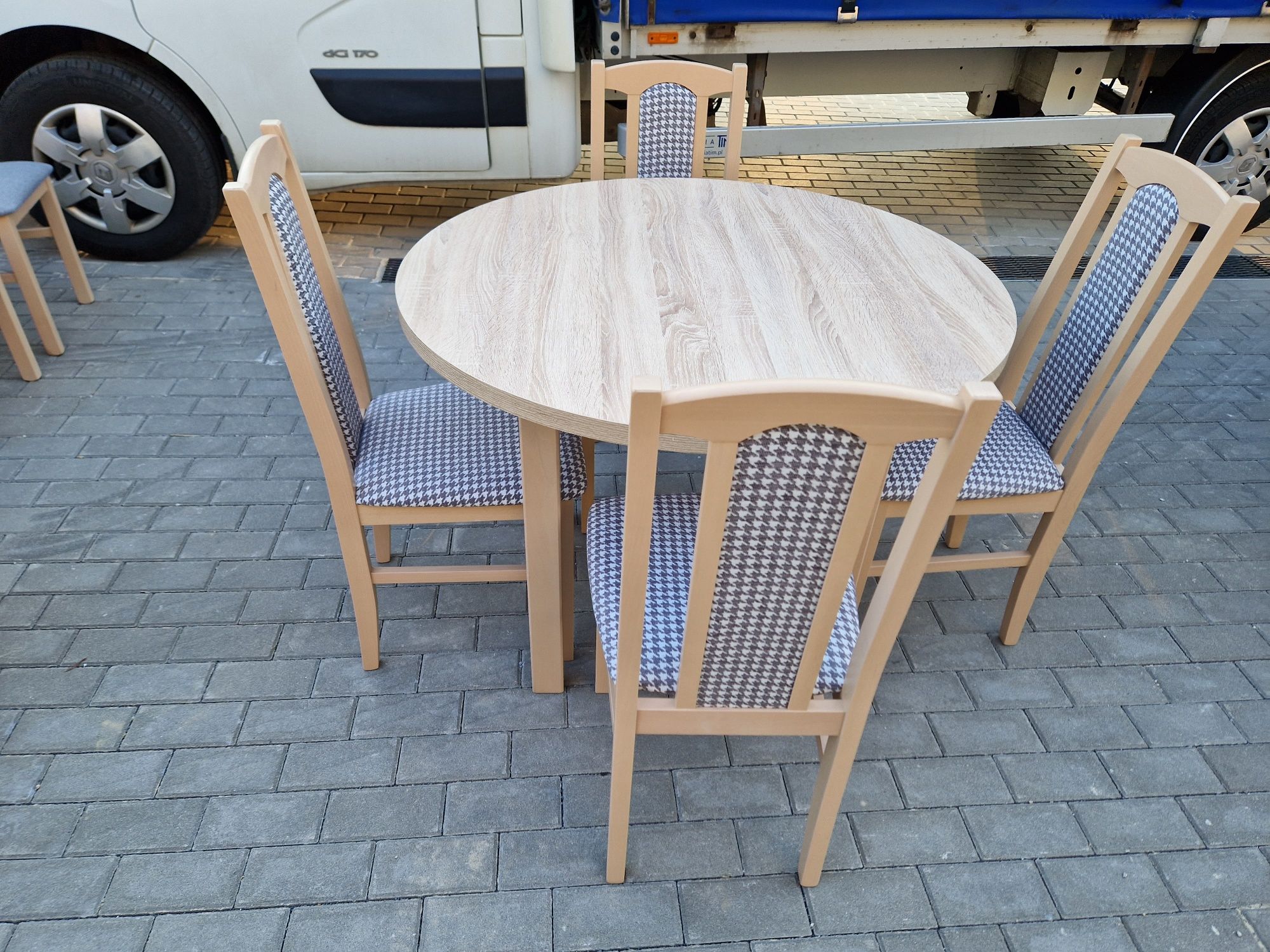 Nowe: Stół okrągły rozkładany + 4 krzesła, sonoma + pepitka, dostawaPL