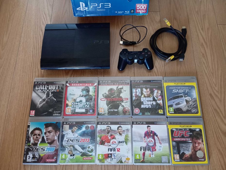 PS3 500GB PlayStation 3, comando Sony, 10 jogos (faço retoma de jogos)