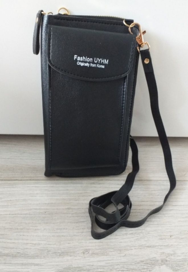Mała czarna torebka na telefon + portfel